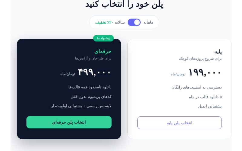 جدول قیمت با سوییچ ماهانه/سالانه
